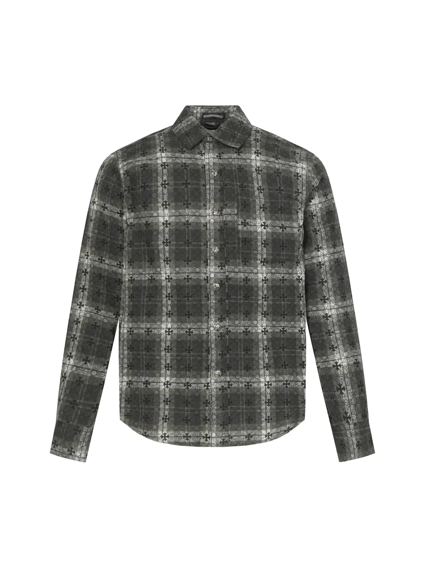 🅿️330 CH Crow Heart Leather Label Metal Checkered Shirt Jacket. Original Crow family's unique identity embellished with silver buckle cross leather stamp, custom-dyed dark pattern brand fabric, high-quality checkered pattern tailoring, cross leather badge splicing on the sleeves, one-sided patch pocket design on the chest, custom-made high-quality lettering hardware accessories, distressed retro silver buckles, three-dimensional version. The upper body is sassy and handsome. Natural high-street style. Needless to say, the upper body effect is natural. It is at the forefront of the trend. Its vibrant design and versatile attributes can surprise you no matter how you match it! Size: S-XL
